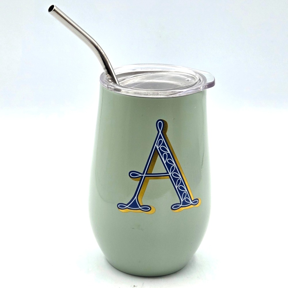 NEW 11.8oz Stainless Steel "A"‎ Monogram Tumbler with Stainless Straw Seafoam